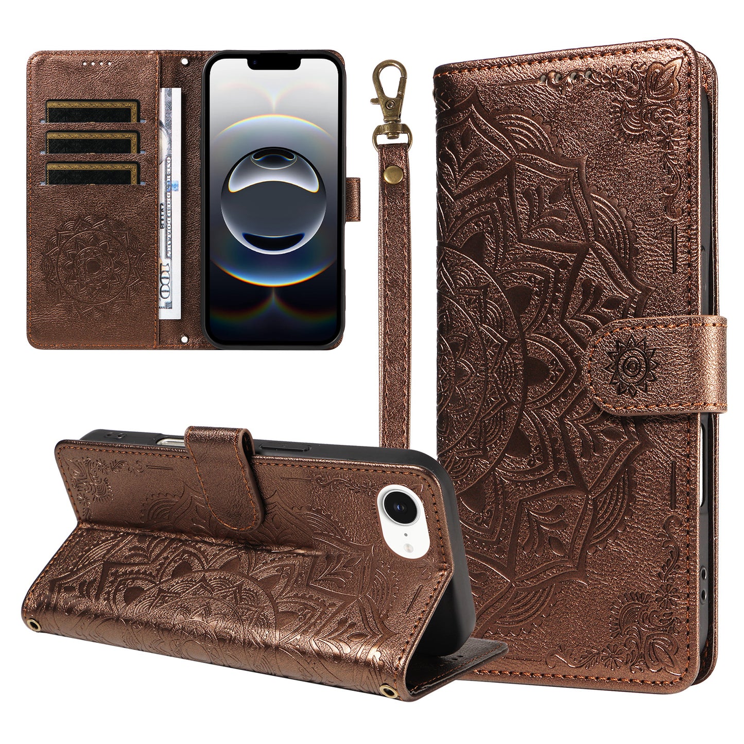 For iPhone 16e / iPhone 17e Wallet Case Embossed Mandala Pattern PU Leather + TPU Cover with Wrist Strap