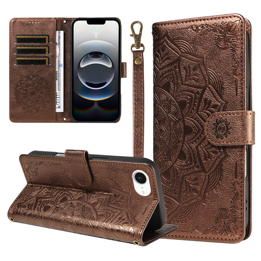 For iPhone 16e / iPhone 17e Wallet Case Embossed Mandala Pattern PU Leather + TPU Cover with Wrist Strap
