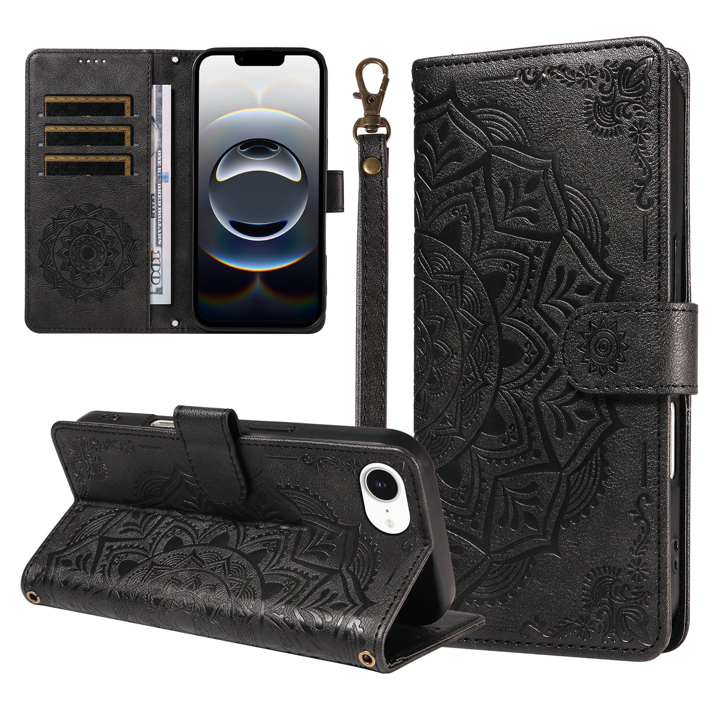 For iPhone 16e / iPhone 17e Wallet Case Embossed Mandala Pattern PU Leather + TPU Cover with Wrist Strap