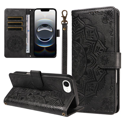 For iPhone 16e / iPhone 17e Wallet Case Embossed Mandala Pattern PU Leather + TPU Cover with Wrist Strap