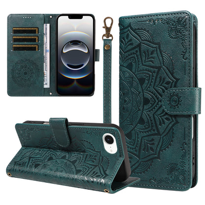 For iPhone 16e / iPhone 17e Wallet Case Embossed Mandala Pattern PU Leather + TPU Cover with Wrist Strap