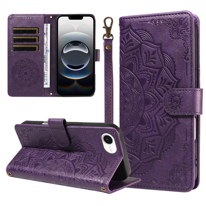For iPhone 16e / iPhone 17e Wallet Case Embossed Mandala Pattern PU Leather + TPU Cover with Wrist Strap