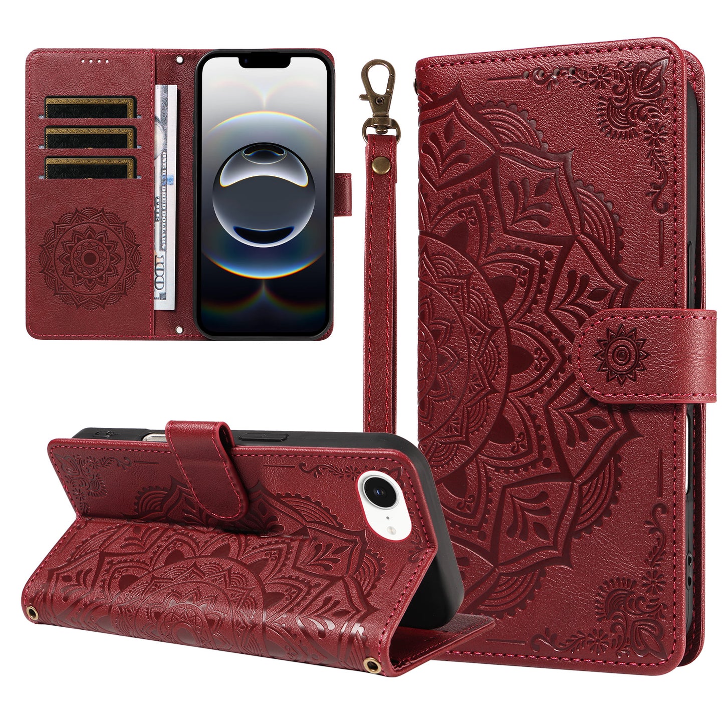 For iPhone 16e / iPhone 17e Wallet Case Embossed Mandala Pattern PU Leather + TPU Cover with Wrist Strap