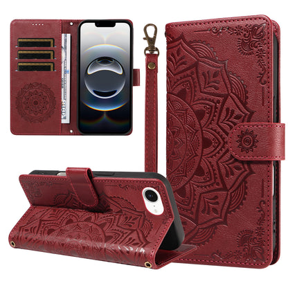 For iPhone 16e / iPhone 17e Wallet Case Embossed Mandala Pattern PU Leather + TPU Cover with Wrist Strap