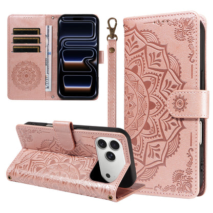 For iPhone 17 Pro Max Wallet Case Embossed Mandala Pattern PU Leather + TPU Cover with Wrist Strap