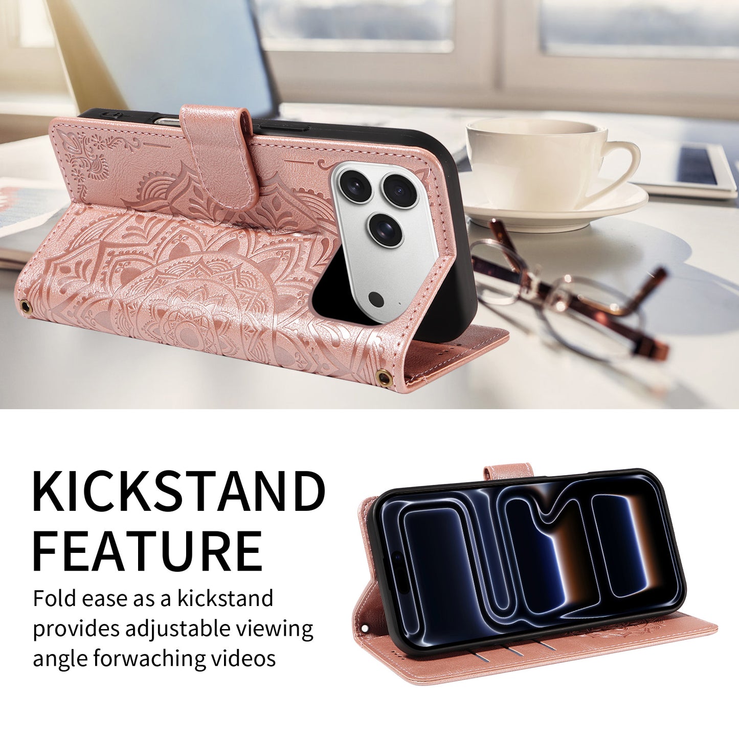 For iPhone 17 Pro Max Wallet Case Embossed Mandala Pattern PU Leather + TPU Cover with Wrist Strap