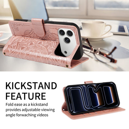 For iPhone 17 Pro Max Wallet Case Embossed Mandala Pattern PU Leather + TPU Cover with Wrist Strap