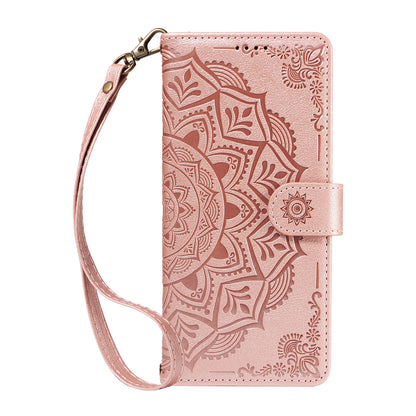 For iPhone 17 Pro Max Wallet Case Embossed Mandala Pattern PU Leather + TPU Cover with Wrist Strap