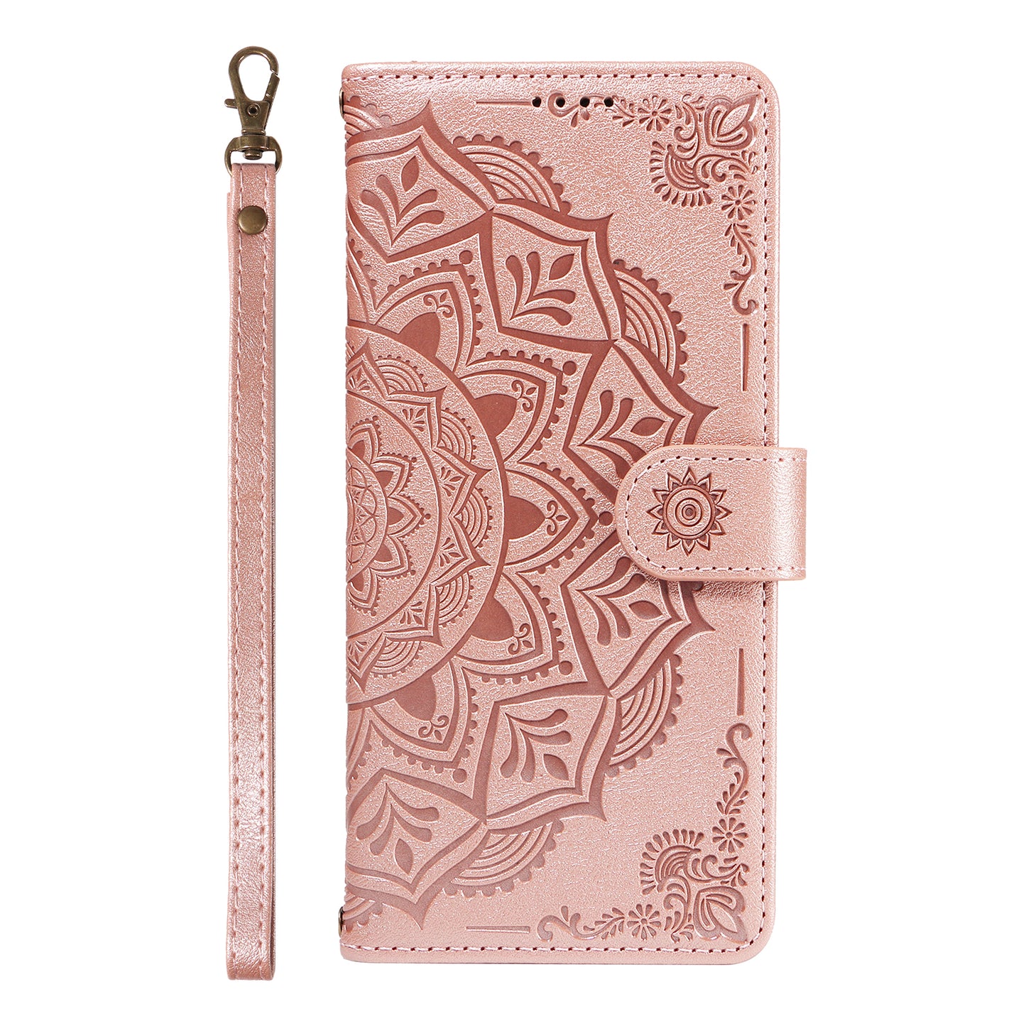 For iPhone 17 Pro Max Wallet Case Embossed Mandala Pattern PU Leather + TPU Cover with Wrist Strap