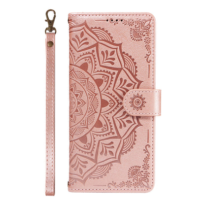 For iPhone 17 Pro Max Wallet Case Embossed Mandala Pattern PU Leather + TPU Cover with Wrist Strap