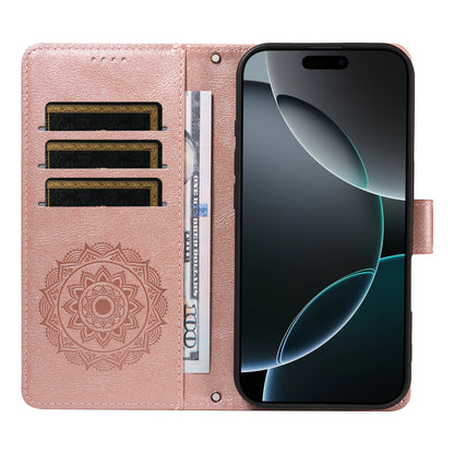 For iPhone 17 Pro Max Wallet Case Embossed Mandala Pattern PU Leather + TPU Cover with Wrist Strap