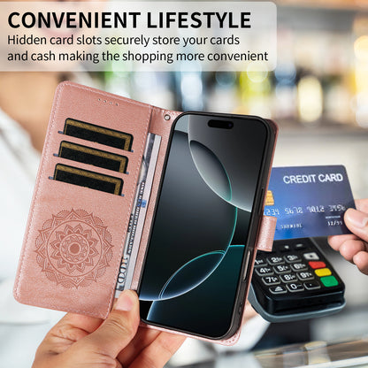 For iPhone 17 Pro Max Wallet Case Embossed Mandala Pattern PU Leather + TPU Cover with Wrist Strap