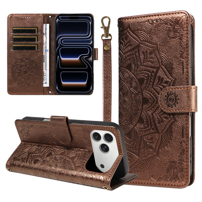 For iPhone 17 Pro Max Wallet Case Embossed Mandala Pattern PU Leather + TPU Cover with Wrist Strap