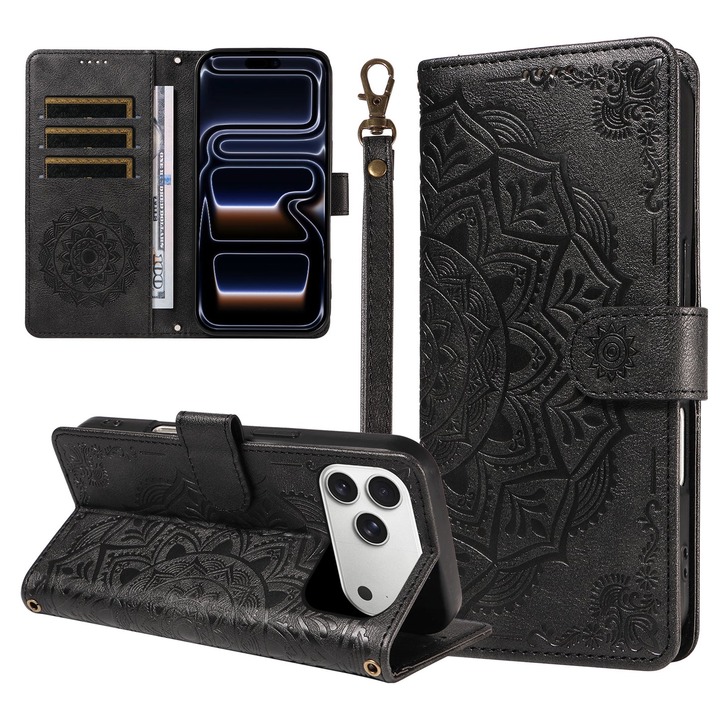 For iPhone 17 Pro Max Wallet Case Embossed Mandala Pattern PU Leather + TPU Cover with Wrist Strap