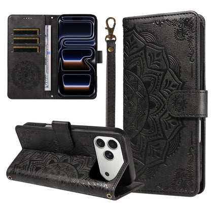 For iPhone 17 Pro Max Wallet Case Embossed Mandala Pattern PU Leather + TPU Cover with Wrist Strap