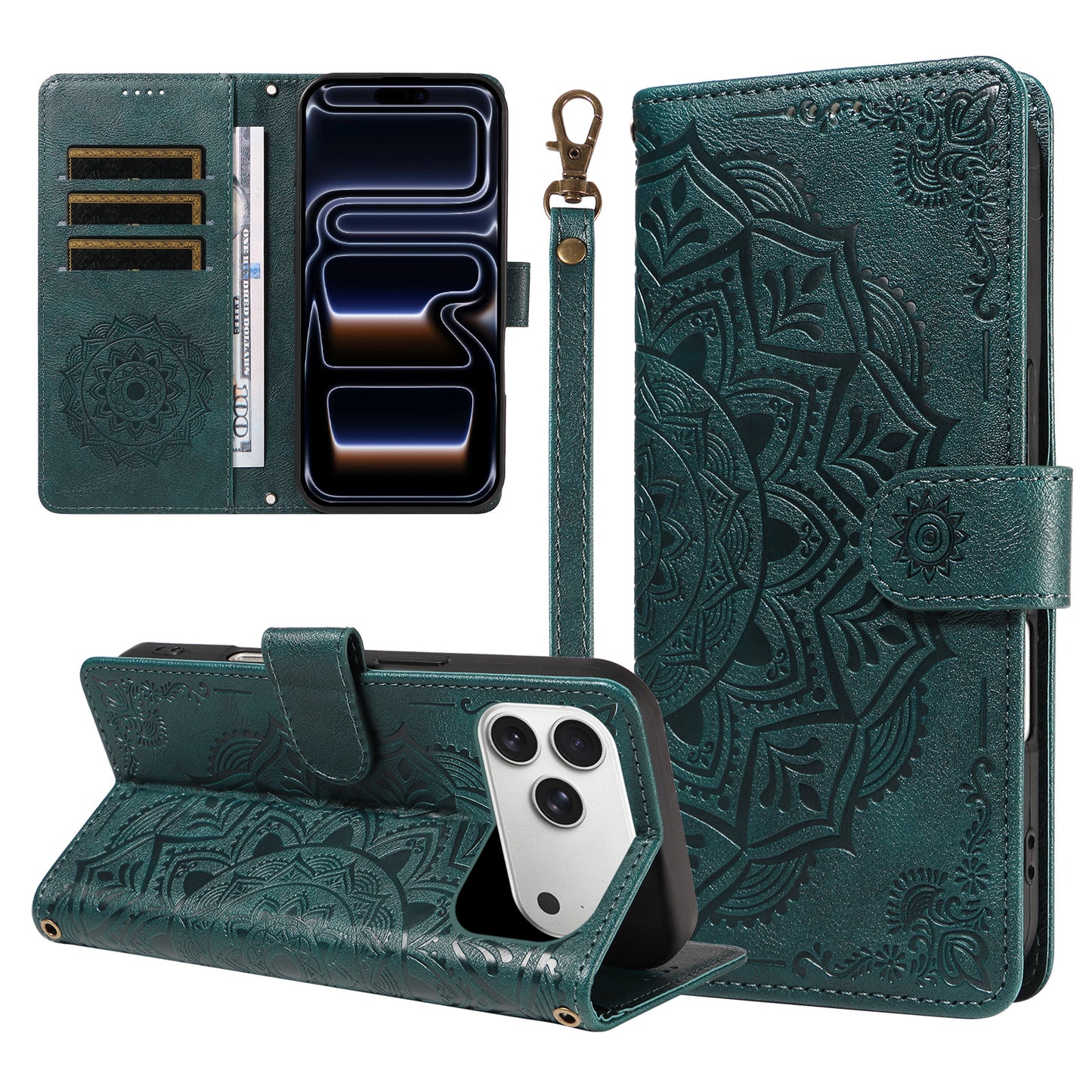 For iPhone 17 Pro Max Wallet Case Embossed Mandala Pattern PU Leather + TPU Cover with Wrist Strap
