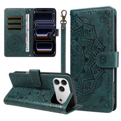 For iPhone 17 Pro Max Wallet Case Embossed Mandala Pattern PU Leather + TPU Cover with Wrist Strap