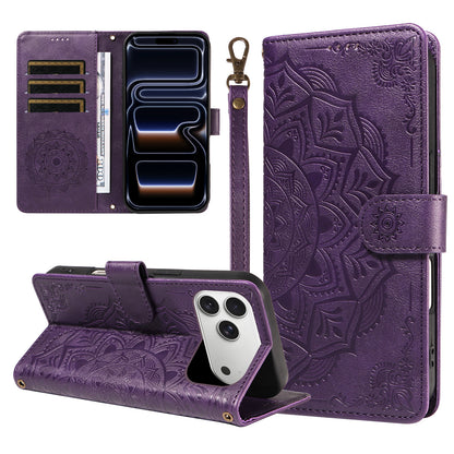 For iPhone 17 Pro Max Wallet Case Embossed Mandala Pattern PU Leather + TPU Cover with Wrist Strap