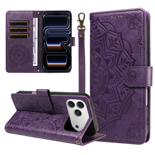 For iPhone 17 Pro Max Wallet Case Embossed Mandala Pattern PU Leather + TPU Cover with Wrist Strap