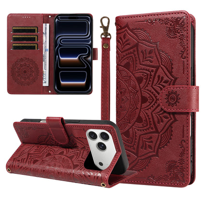 For iPhone 17 Pro Max Wallet Case Embossed Mandala Pattern PU Leather + TPU Cover with Wrist Strap
