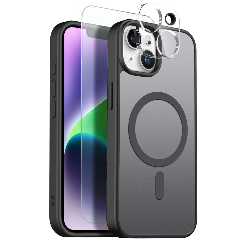 NORTHJO For iPhone 14 Plus Magnetic Case Translucent Matte Shockproof Phone Cover Set with Front Screen Protector + Lens Film