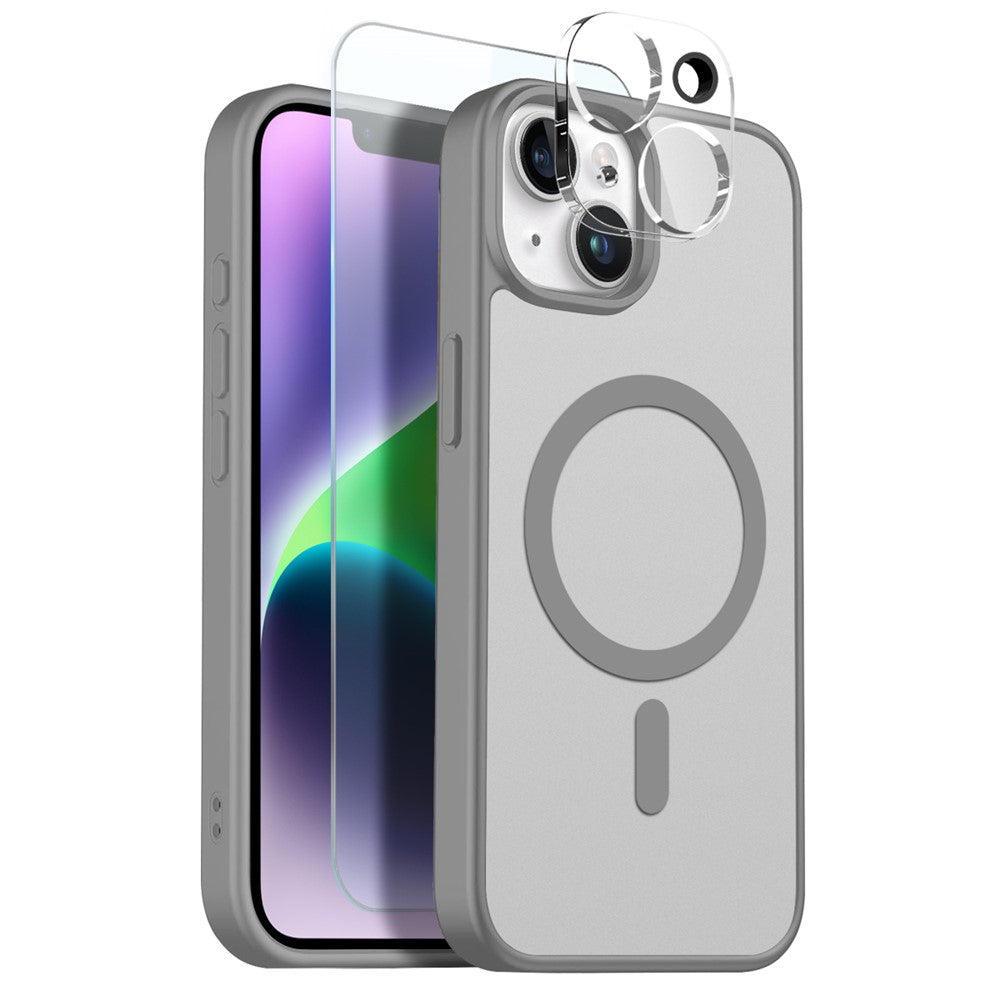 NORTHJO For iPhone 14 Plus Magnetic Case Translucent Matte Shockproof Phone Cover Set with Front Screen Protector + Lens Film
