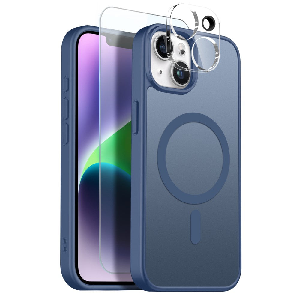 NORTHJO For iPhone 14 Plus Magnetic Case Translucent Matte Shockproof Phone Cover Set with Front Screen Protector + Lens Film
