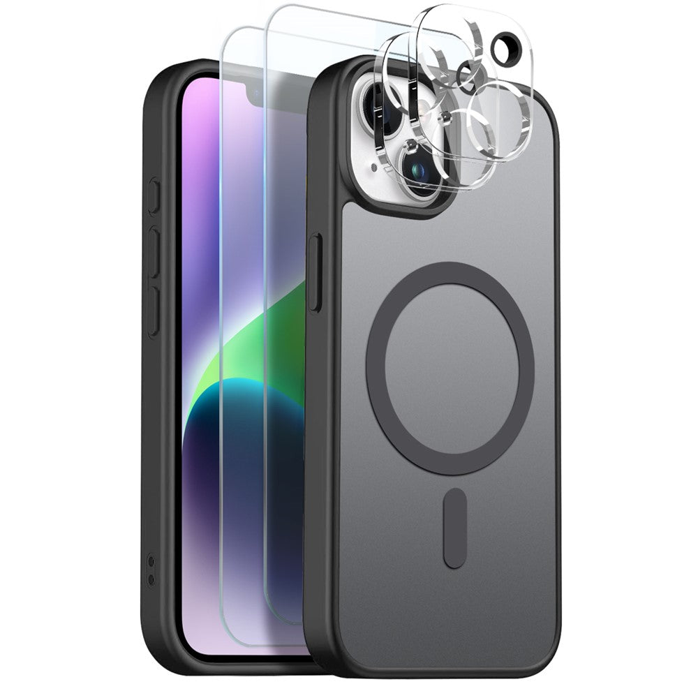 NORTHJO 5 in 1 Set for iPhone 14 Plus Magnetic Case Translucent Matte Shockproof Phone Cover with 2Pcs Front Screen Protector + 2Pcs Lens Film