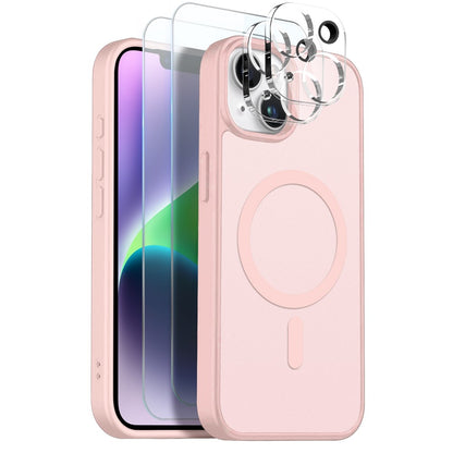 NORTHJO 5 in 1 Set for iPhone 14 Plus Magnetic Case Translucent Matte Shockproof Phone Cover with 2Pcs Front Screen Protector + 2Pcs Lens Film