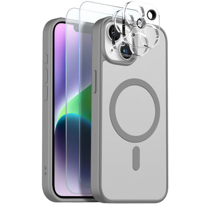 NORTHJO 5 in 1 Set for iPhone 14 Plus Magnetic Case Translucent Matte Shockproof Phone Cover with 2Pcs Front Screen Protector + 2Pcs Lens Film