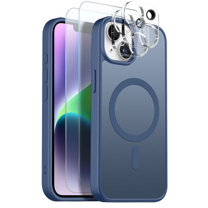 NORTHJO 5 in 1 Set for iPhone 14 Plus Magnetic Case Translucent Matte Shockproof Phone Cover with 2Pcs Front Screen Protector + 2Pcs Lens Film