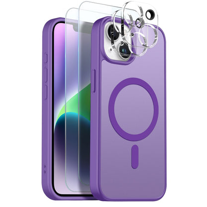 NORTHJO 5 in 1 Set for iPhone 14 Plus Magnetic Case Translucent Matte Shockproof Phone Cover with 2Pcs Front Screen Protector + 2Pcs Lens Film