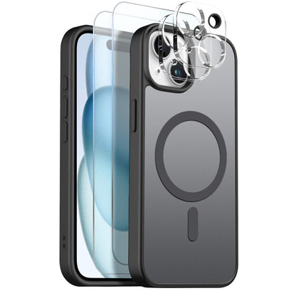 NORTHJO 5 in 1 Set for iPhone 15 Magnetic Case Translucent Matte Shockproof Phone Cover with 2Pcs Front Screen Protector + 2Pcs Lens Film