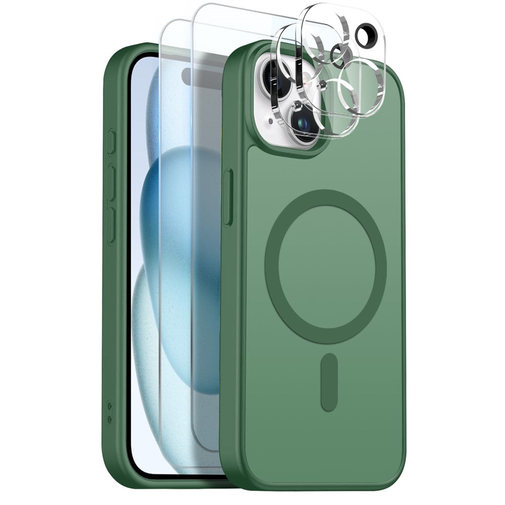 NORTHJO 5 in 1 Set for iPhone 15 Magnetic Case Translucent Matte Shockproof Phone Cover with 2Pcs Front Screen Protector + 2Pcs Lens Film