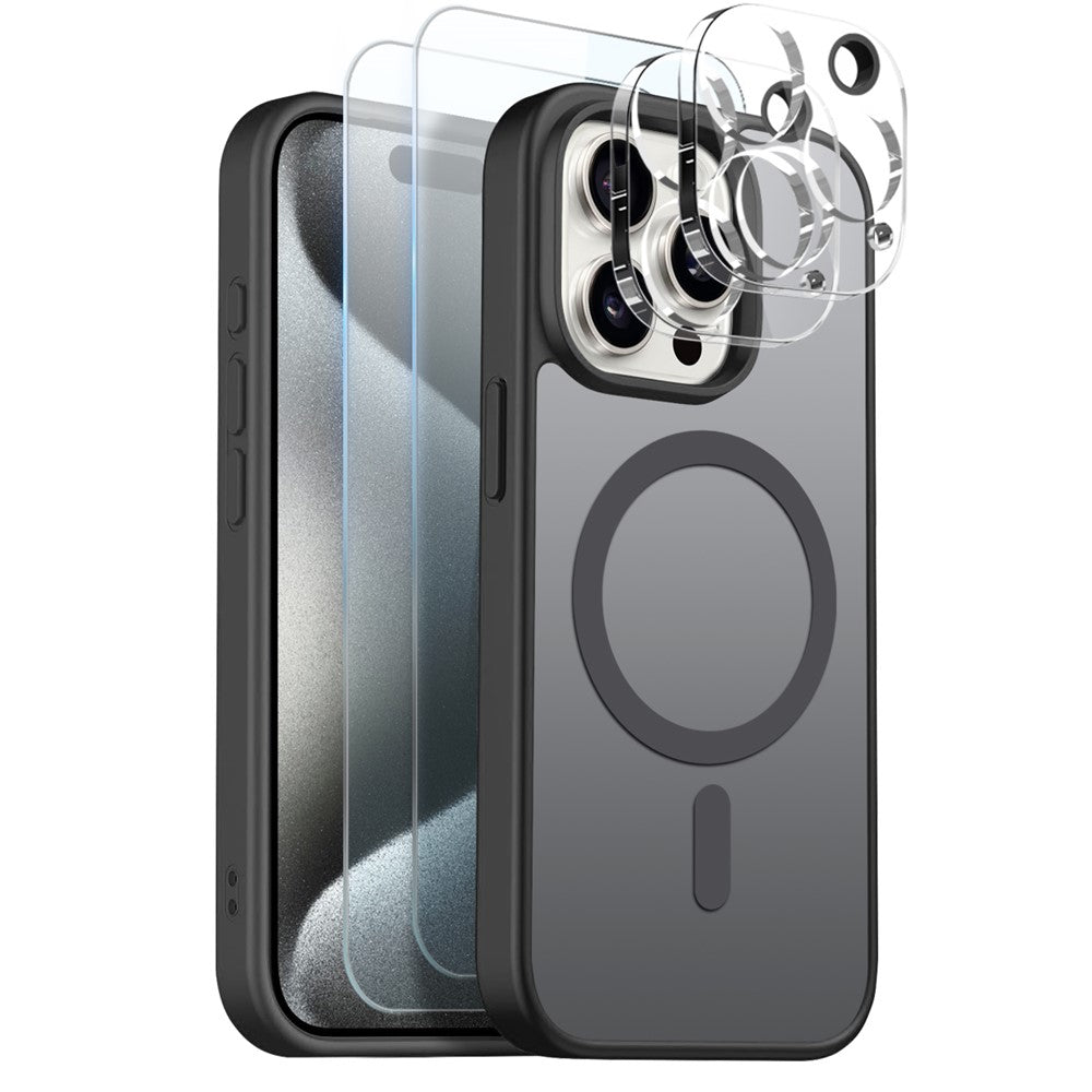 NORTHJO 5 in 1 Set for iPhone 15 Pro Magnetic Case Translucent Matte Shockproof Phone Cover with 2Pcs Front Screen Protector + 2Pcs Lens Film