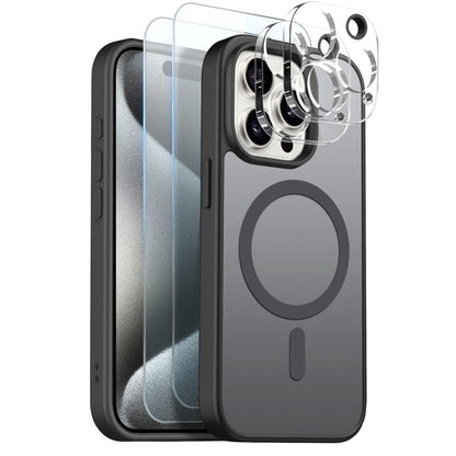 NORTHJO 5 in 1 Set for iPhone 15 Pro Magnetic Case Translucent Matte Shockproof Phone Cover with 2Pcs Front Screen Protector + 2Pcs Lens Film