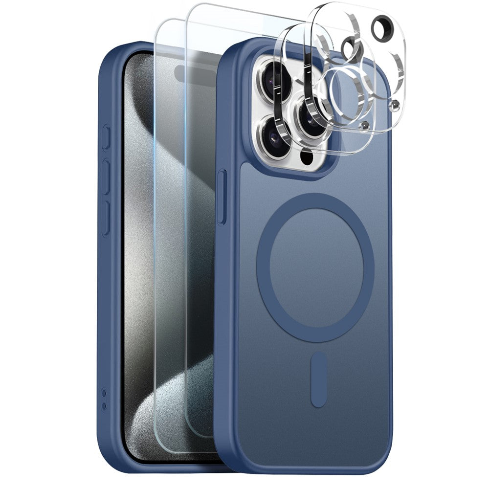 NORTHJO 5 in 1 Set for iPhone 15 Pro Magnetic Case Translucent Matte Shockproof Phone Cover with 2Pcs Front Screen Protector + 2Pcs Lens Film