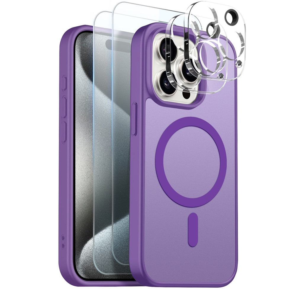 NORTHJO 5 in 1 Set for iPhone 15 Pro Magnetic Case Translucent Matte Shockproof Phone Cover with 2Pcs Front Screen Protector + 2Pcs Lens Film