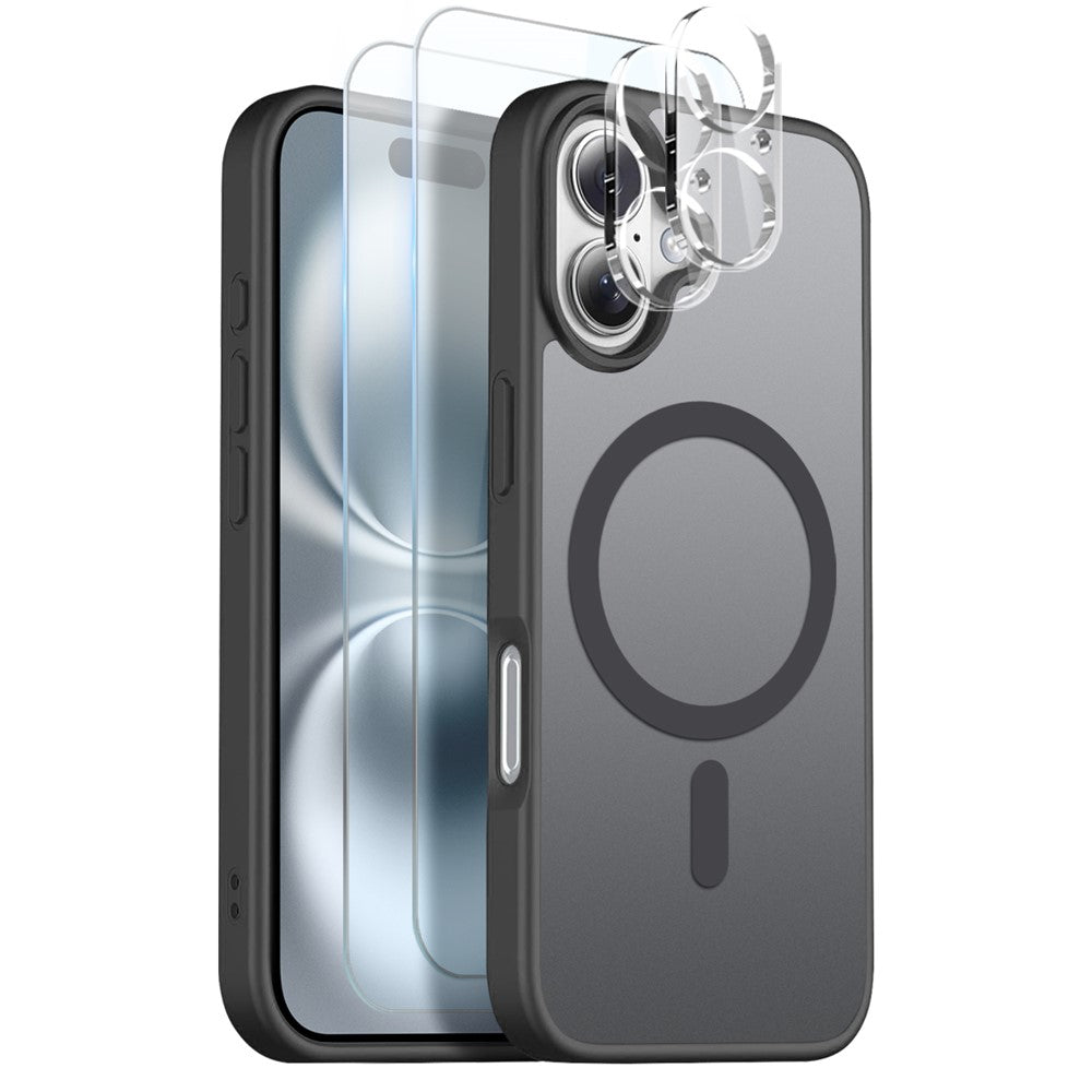 NORTHJO 5 in 1 Set for iPhone 16 Magnetic Case Translucent Matte Shockproof Phone Cover with 2Pcs Front Screen Protector + 2Pcs Lens Film