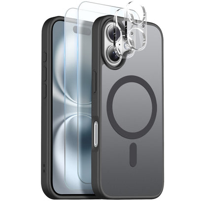 NORTHJO 5 in 1 Set for iPhone 16 Magnetic Case Translucent Matte Shockproof Phone Cover with 2Pcs Front Screen Protector + 2Pcs Lens Film