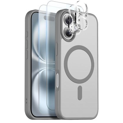 NORTHJO 5 in 1 Set for iPhone 16 Magnetic Case Translucent Matte Shockproof Phone Cover with 2Pcs Front Screen Protector + 2Pcs Lens Film