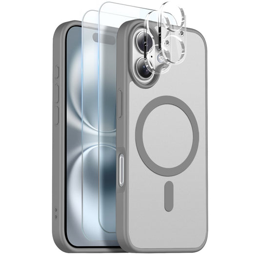 NORTHJO 5 in 1 Set for iPhone 16 Magnetic Case Translucent Matte Shockproof Phone Cover with 2Pcs Front Screen Protector + 2Pcs Lens Film