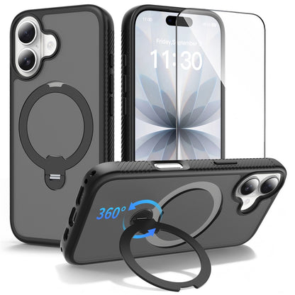 For iPhone 17 Magnetic Case Matte TPU Shockproof Phone Cover with Kickstand and Tempered Glass