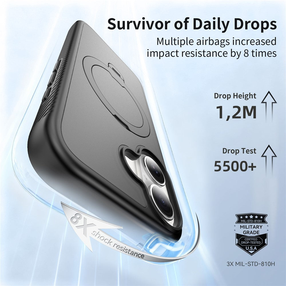 For iPhone 17 Magnetic Case Matte TPU Shockproof Phone Cover with Kickstand and Tempered Glass