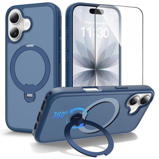 For iPhone 17 Magnetic Case Matte TPU Shockproof Phone Cover with Kickstand and Tempered Glass