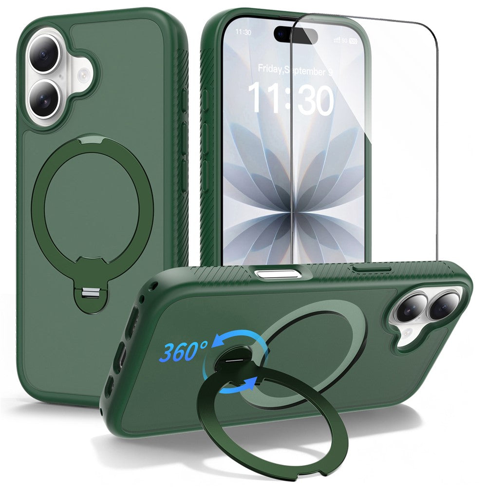 For iPhone 17 Magnetic Case Matte TPU Shockproof Phone Cover with Kickstand and Tempered Glass