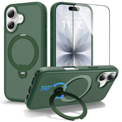 For iPhone 17 Magnetic Case Matte TPU Shockproof Phone Cover with Kickstand and Tempered Glass