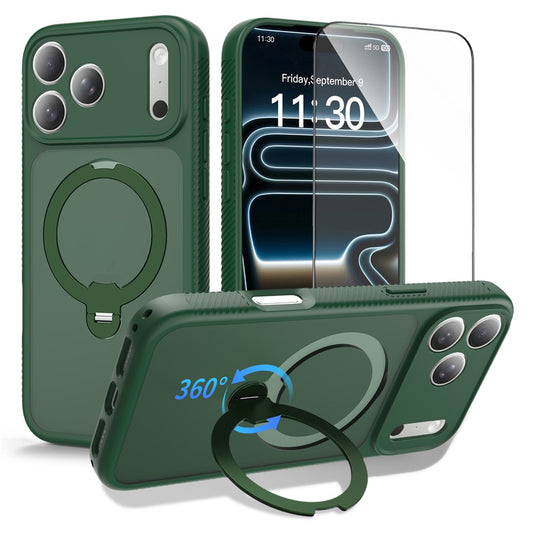For iPhone 17 Pro Magnetic Case Matte TPU Shockproof Phone Cover with Kickstand and Tempered Glass