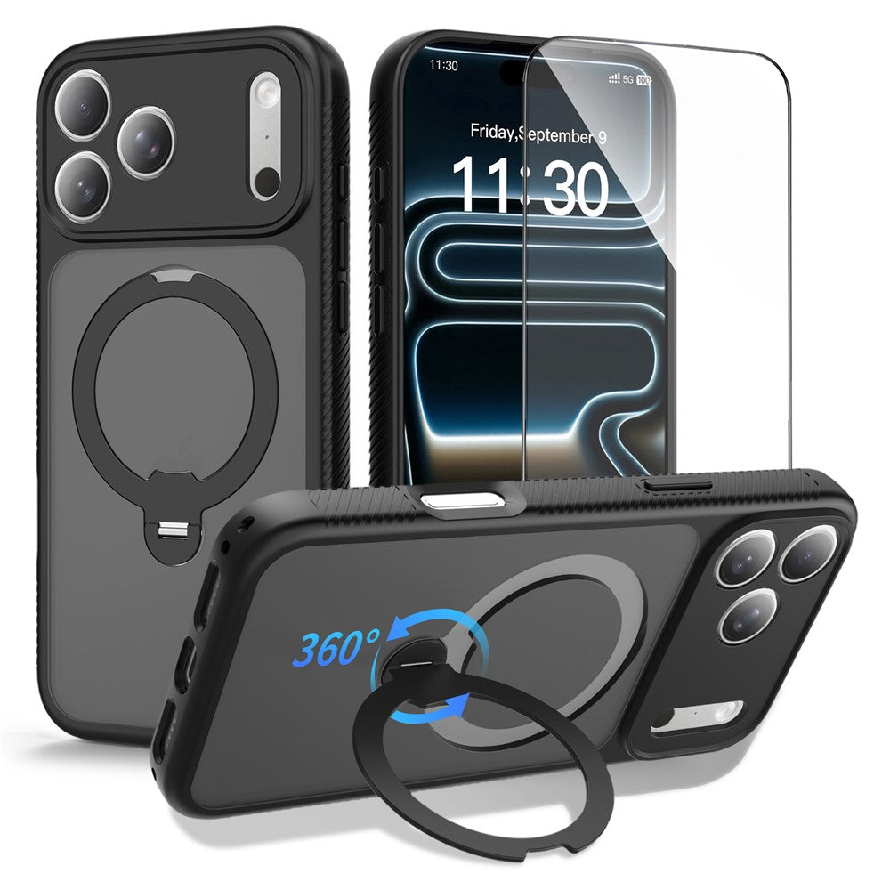 For iPhone 17 Pro Max Magnetic Case Matte TPU Shockproof Phone Cover with Kickstand and Tempered Glass