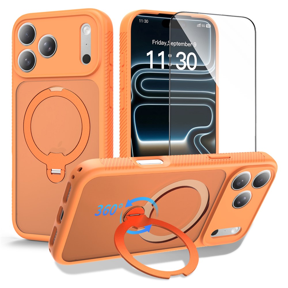For iPhone 17 Pro Max Magnetic Case Matte TPU Shockproof Phone Cover with Kickstand and Tempered Glass